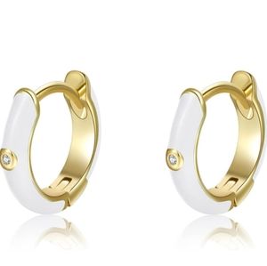 Little White Gold Hinged Hoops Enamel Hoop Earrings Rhinestone CZ Crystal New